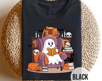 Ghost Reading Book Shirt, Cute Cozy Halloween Tee, Bookish Spooky Season T-Shirt, Fall Library Reading Aesthetic Ghost Lover Gift