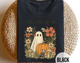 I Put a Spell on You Shirt, Cute Floral Ghost Halloween Tee, Fall Witchy Pumpkin Shirt, Spooky Season Skeleton Cat T-Shirt