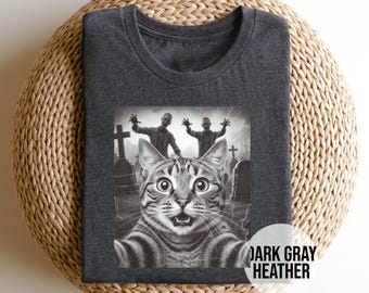 Zombie Cat Shirt, Funny Halloween Cat Tee, Scary Cat Selfie Graphic T-Shirt, Spooky Zombie Graveyard Top, Cat Lover Gift Tee