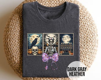 Camiseta de enfermera de Halloween con esqueleto, calavera, cuervo, estetoscopio, camiseta gráfica médica espeluznante, regalo de Halloween para enfermera, top gótico de otoño