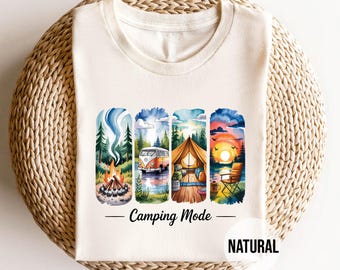 Camping Mode Shirt - Retro Camper Van & Tent Scene Tee, Colorful Outdoor Adventure T-Shirt, Nature Lover Gift, Campfire Graphic Tee