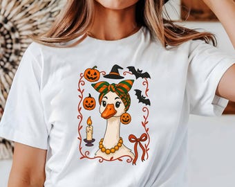 Jolie chemise d'oie d'Halloween - t-shirt vintage animaux de la ferme, t-shirt drôle d'oie d'automne, chemise citrouille effrayante confortable pour les amoureux des animaux