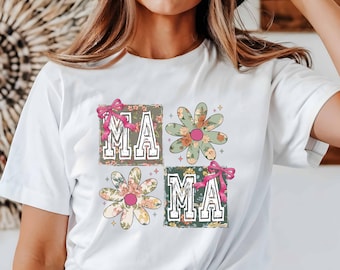 Floral Patchwork Mama Shirt | Retro Boho Mom Tee | Cute Mother’s Day Gift Shirt | Trendy Mama Graphic T-Shirt for Moms