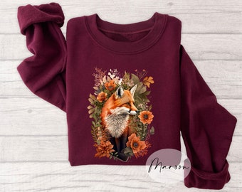 Rustic Fox Floral Sweatshirt – Autumn Woodland Animal Design – Cute Fox Lover Gift for Women – Cozy Nature-Inspired Fall Fashion