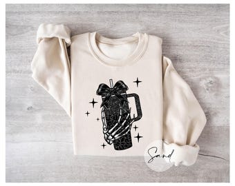 Skeleton Hand Tumbler Sweatshirt – Cute Goth Coffee Crewneck – Halloween Sparkle Cup Shirt – Cozy Skeleton Aesthetic Sweater