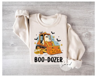 Sudadera de Halloween con excavadora fantasma divertida, cuello redondo, calabaza, temporada espeluznante, festival de otoño, construcción, gráfico superior