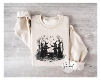 Witch Trio Halloween Sweatshirt - Vintage Cauldron Crewneck, Cozy Fall Witchy Gothic Pullover, Spooky Season Witch Sweatshirt