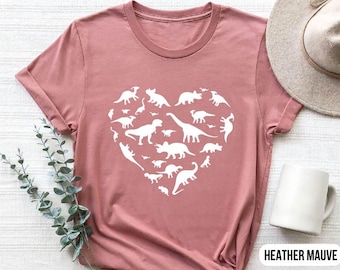Cute Dinosaur Heart T-Shirt - Dino Graphic Tee for Women, Kids, and Teachers - Perfect Jurassic Lover Gift or Valentine’s Day Shirt