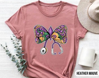 Mardi Gras Nurse Shirt – Fleur De Lis Stethoscope Tee, Medical Carnival T-Shirt, RN LPN Gift, New Orleans Festival Outfit, Nurse Life