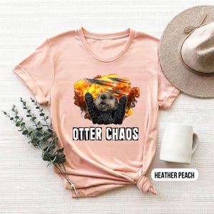 May include: A heather peach colored t-shirt with a graphic of an otter in a fiery explosion. The text "Otter Chaos" is printed below the graphic.