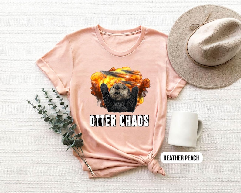 May include: A heather peach colored t-shirt with a graphic of an otter in a fiery explosion. The text "Otter Chaos" is printed below the graphic.