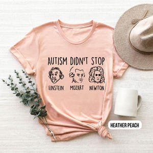 Pu&ograve; includere: Una maglietta rosa con il testo "L'autismo non ha fermato" e immagini di Einstein, Mozart e Newton. La maglietta &egrave; disponibile in pesca brughiera.