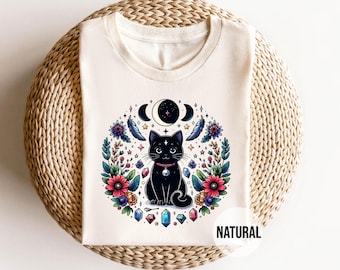Mystical Black Cat T-Shirt - Witchy Cat Tee - Moon Phase Shirt - Celestial Gothic Cat Tee - Boho Magic Cat Shirt - Witch Aesthetic