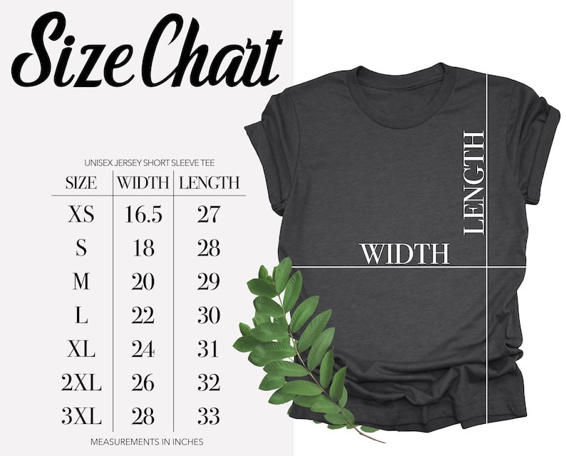 Peut inclure: Tableau des tailles pour un t-shirt &agrave; manches courtes en jersey unisexe. Le tableau indique les mesures de largeur et de longueur en pouces pour les tailles XS &agrave; 3XL.