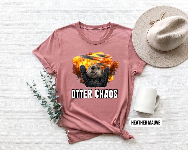 May include: A heather mauve t-shirt with a graphic of an otter emerging from an explosion. The text "Otter Chaos" is printed below the graphic.