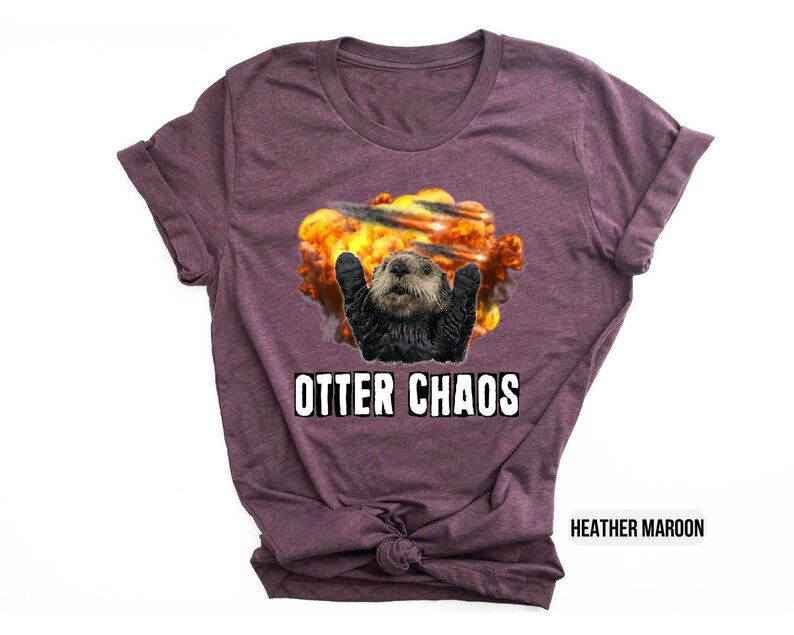 May include: A heather maroon t-shirt with a graphic of an otter in a fiery explosion. The text "Otter Chaos" is printed in white below the graphic.