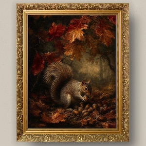 Squirrel Wall Art Print, Vintage Oil Painting Style, Autumn Forest Decor, Woodland Animal Poster, Dark Academia Print, Fall Leaves Acorns