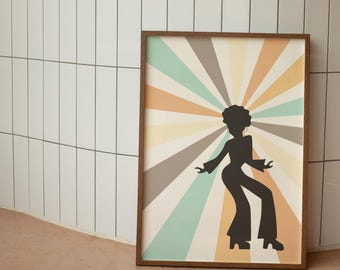 Retro Disco Dancer Wall Art Print Vintage 70s Groovy Afro Silhouette Poster Funky Colorful Mid-Century Modern Home Decor Boho Wall Art