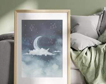 Zachte lucht schilderij maan en wolk aquarel muurkunst nachtelijke hemel print sterrenbeelden kinderkamer hemelse slaapkamer artwork digitale download