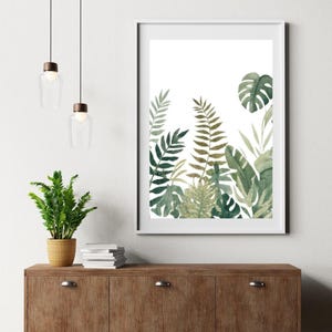 Arte de helechos de la jungla tropical, lámina botánica de helechos tropicales, arte mural de hojas verdes en acuarela, decoración minimalista de la naturaleza, póster imprimible de la jungla bohemia