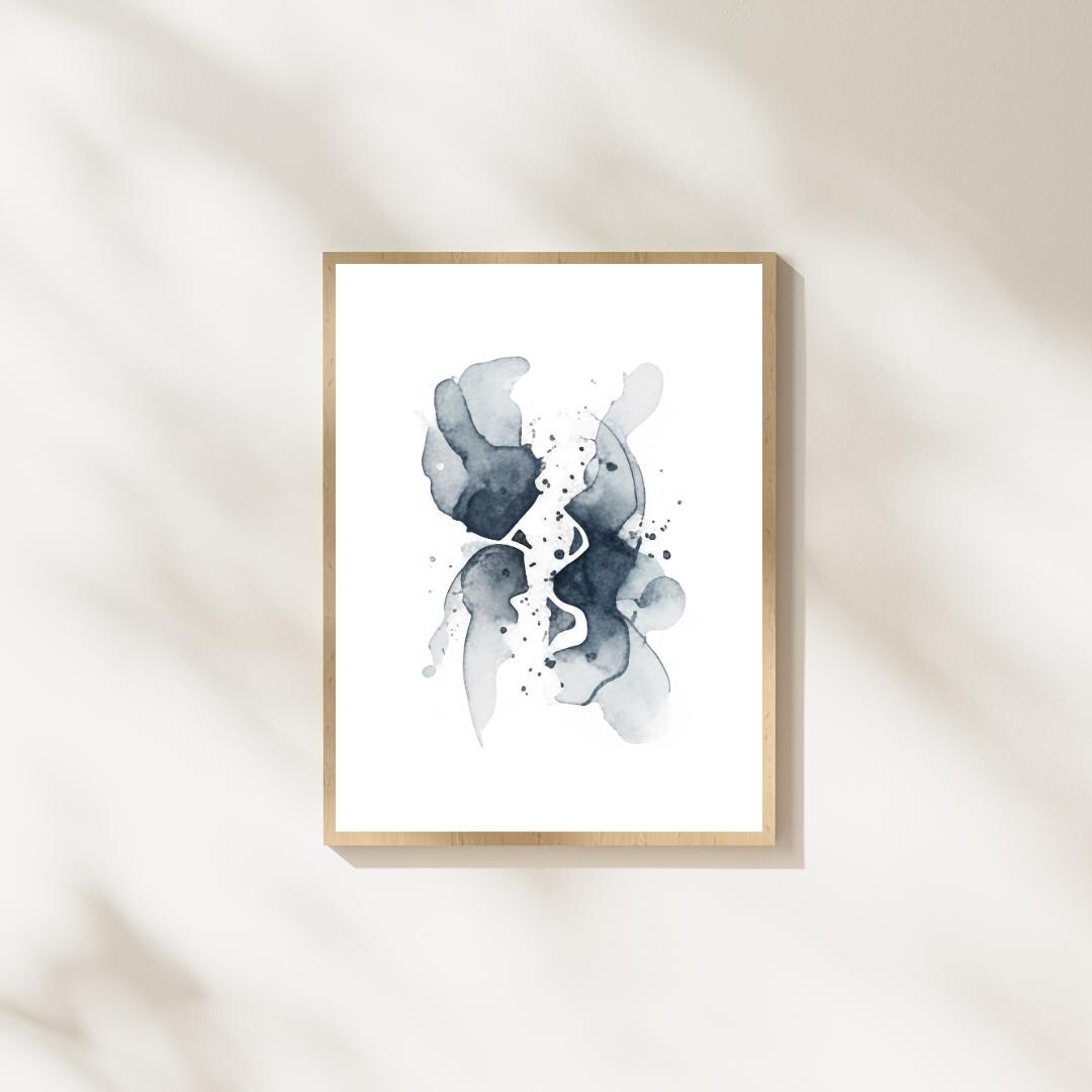 Navy Blue Abstract Watercolor Print Minimalist Ink Style Art Modern ...
