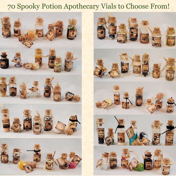 Miniature Filled Glass Apothecary Vials for Witch or Magical Potions - 70 Different Types