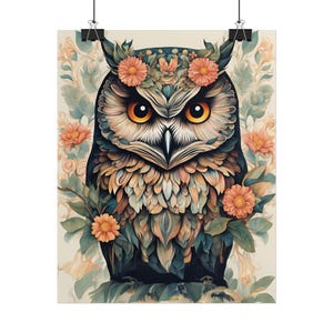 Whimsical Owl Art Print, Nature Wall Décor, Bird Lover Gift, Boho Home Decoration, Floral Owl Poster