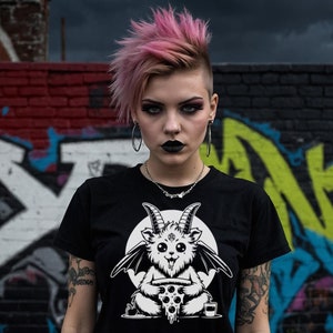 Cute Baphomet pizza T Shirt, Gothic Clothing, Creepy Cute, Goth Fashion  Sustainable, Humane Cotton / Satanic Chibi Monster Tee Shirt Design