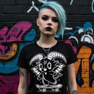 Cute Baphomet skateboarding T Shirt, Gothic Clothing, Creepy Cute, Goth Fashion  Sustainable, Humane Cotton / Satanic Chibi Tee Shirt Design