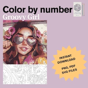 Color By Number Download, Groovy Woman Coloring Pages, Girl Coloring, Color By Number For Adults Digital Download, Paint By Numbers