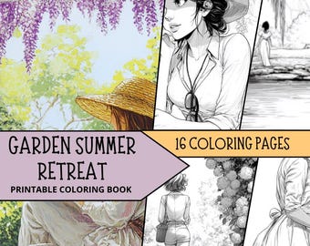 Summer Coloring Pages, Printable Instant Download, Garden Coloring Pages for Adults, Relaxing Women Coloring Sheets, Fashion Coloring Woman