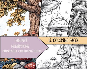 Fantasy Mushrooms Coloring Pages, Stress Relief Nature Coloring, Coloring Printable, adult Coloring, PDF Digital Download
