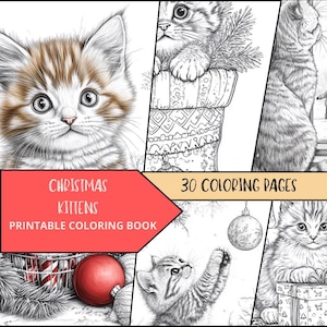 Cat Coloring Page, Xmas Coloring Pages, Printable Digital Download, Adult Cat Coloring Pages, Cute Kittens Coloring, Cats for Coloring
