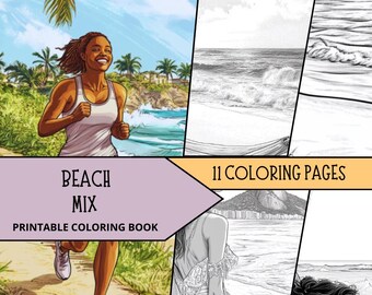 Dibujos para colorear de playa, páginas para colorear imprimibles para adultos, libro para colorear relajante, láminas para colorear de verano, descarga digital imprimible