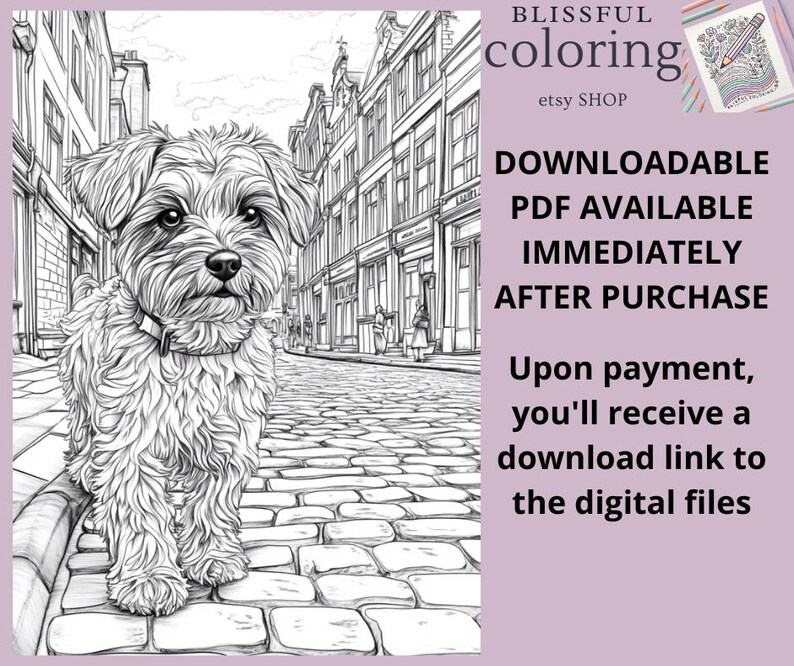 May include: Black and white line art illustration of a small dog walking down a cobblestone street in a city. The dog is looking directly at the viewer. The text "BLISSFUL coloring etsy SHOP" is at the top of the image. The text "DOWNLOADABLE PDF AVAILABLE IMMEDIATELY AFTER PURCHASE" is in the middle of the image. The text "Upon payment, you'll receive a download link to the digital files" is at the bottom of the image.
