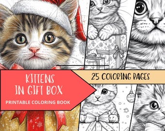 Cat Coloring Page, Xmas Coloring Pages, Printable Digital Download, Adult Cat Coloring Pages, Cute Kittens Coloring, Cats for Coloring