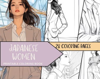 Japanese Coloring, Japan Coloring Sheets, Printable Japanese Coloring Book, Beautiful Women Colouring Page, Adult Japanese Coloring Book
