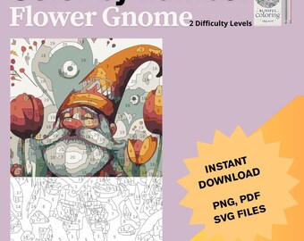 May include: A color-by-number digital download featuring a flower gnome design. The image includes a partially colored gnome with a long white beard and a pointed hat, surrounded by flowers. Text reads "Color by number Flower Gnome" and "Instant Download PNG, PDF, SVG FILES."