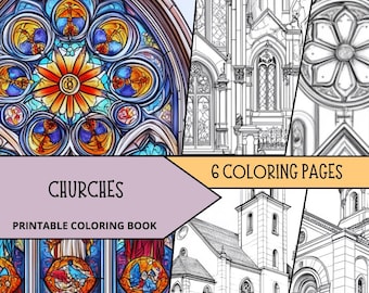 May include: A printable coloring book featuring six coloring pages of churches. The cover features a stained glass window with a colorful floral design. The title of the book is "Churches Printable Coloring Book".