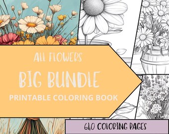 Big Bundle Flowers Coloring Pages, Stress Relief coloring Sheets, Nature Coloring Book, Botanical Adult Coloring, Flower Coloring, Greyscale