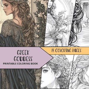 Puede incluir: Un libro para colorear imprimible con 19 páginas para colorear de diosas griegas. La portada presenta una ilustración detallada de una mujer con el pelo largo y suelto y un vestido fluido. El texto "Greek Goddess Printable Coloring Book" se muestra en la portada.