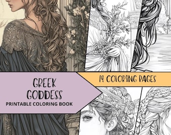 Dibujos para colorear de diosas griegas, páginas para colorear de mujeres hermosas, páginas para colorear imprimibles para adultos, láminas para colorear en escala de grises, libro para colorear relajante
