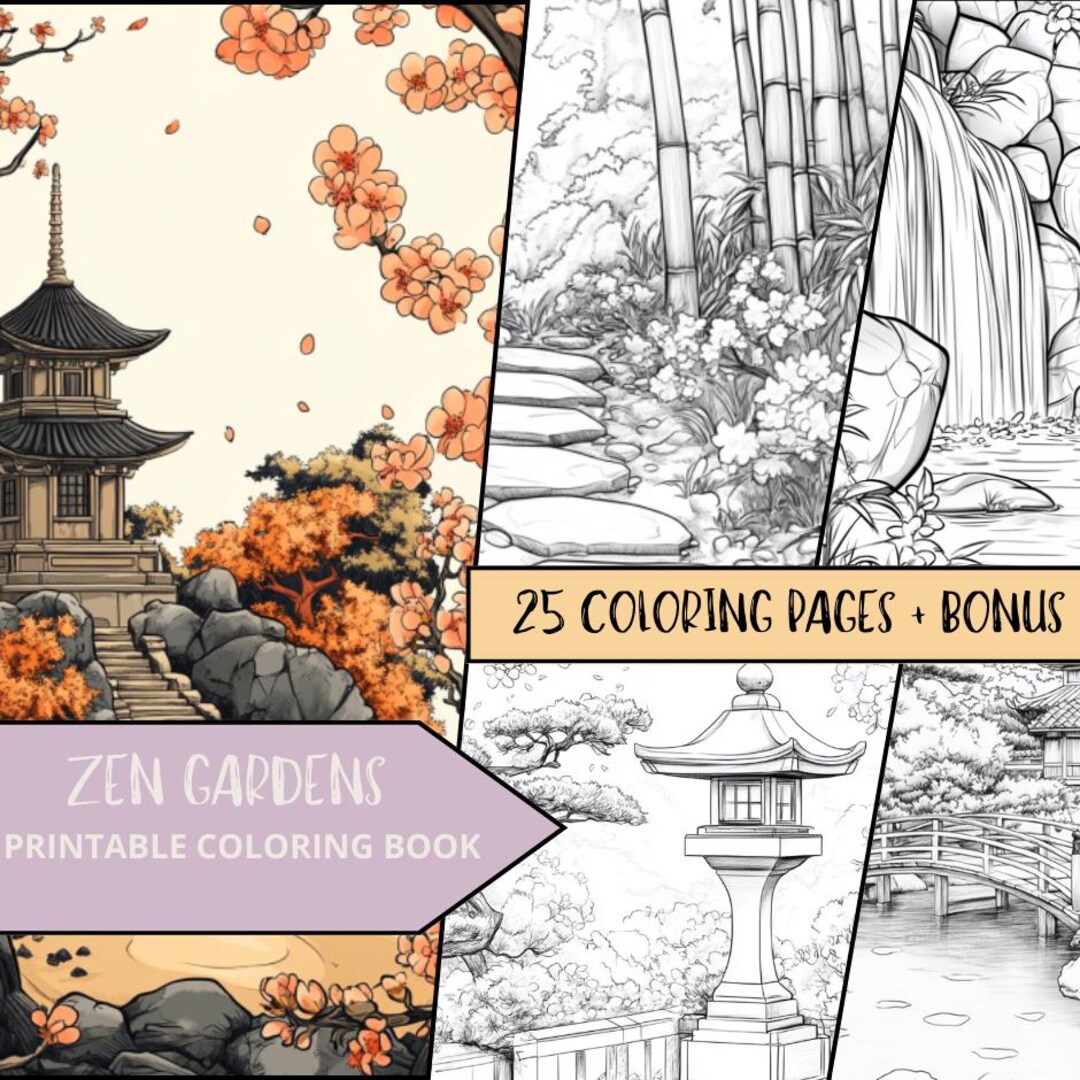 Zen Garden Coloring Pages, 25 Easy Coloring Sheets, Stress Relief, Nature Coloring Book ...