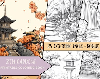 Zen Garden Coloring Pages, 25 Easy coloring Sheets, Stress Relief, Nature Coloring Book, Botanical Adult Cloring, Floral Coloring, Greyscale