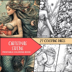 Mermaid Coloring, Adult Mermaid Coloring Books, Siren Coloring, Xmas Coloring Pages, Printable Digital Download, Adult Coloring Pages