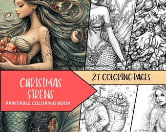 Dibujos para colorear de sirenas, libros para colorear de sirenas para adultos, dibujos de sirenas para colorear, páginas para colorear de Navidad, descarga digital imprimible, páginas para colorear para adultos