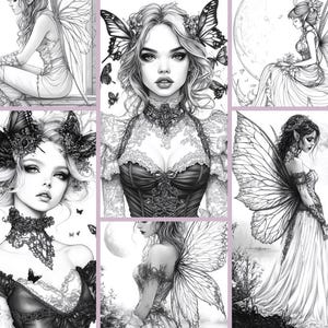 Puede incluir: Una colecci&oacute;n de ilustraciones en blanco y negro que representan hadas con alas y detalles intrincados. Las hadas se representan en varias poses, algunas con vestidos fluidos y otras con alas delicadas.