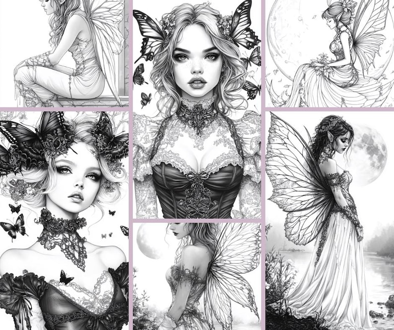 Puede incluir: Una colecci&oacute;n de ilustraciones en blanco y negro que representan hadas con alas y detalles intrincados. Las hadas se representan en varias poses, algunas con vestidos fluidos y otras con alas delicadas.