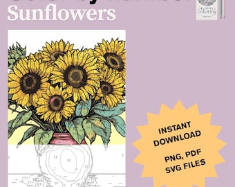 May include: A color-by-number printable featuring a bouquet of sunflowers in a vase. The image includes the text "Color by number Sunflowers" and "Instant Download PNG, PDF, SVG FILES". The sunflowers are yellow and brown with green leaves.