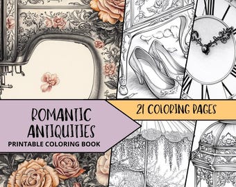 Vintage Malseiten, Antiquitäten ausmalen, Florale Malseite, Romantische Antiquitäten Malbuch, Erwachsene Malbuch, zum Ausdrucken, sofort Download